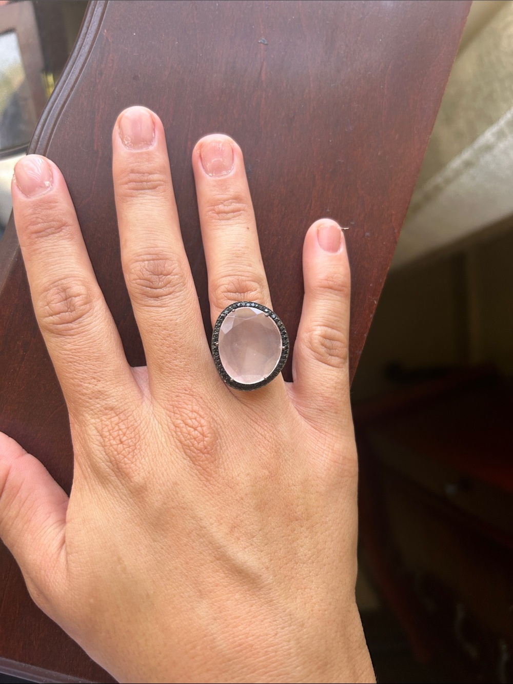 Large Oval Rose Quartz Statement Ring in Black Setting